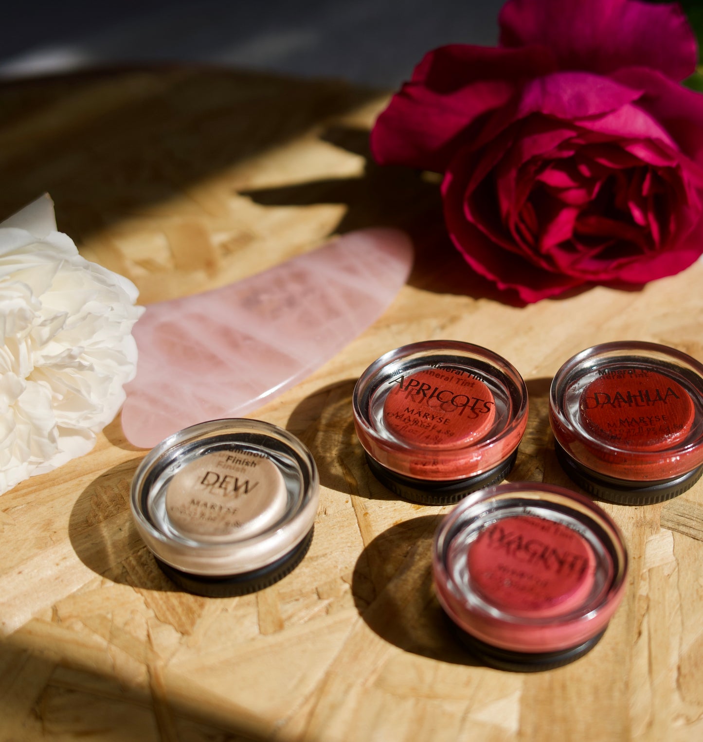 Maryse Mineral Tints all colours with rose quartz gua sha